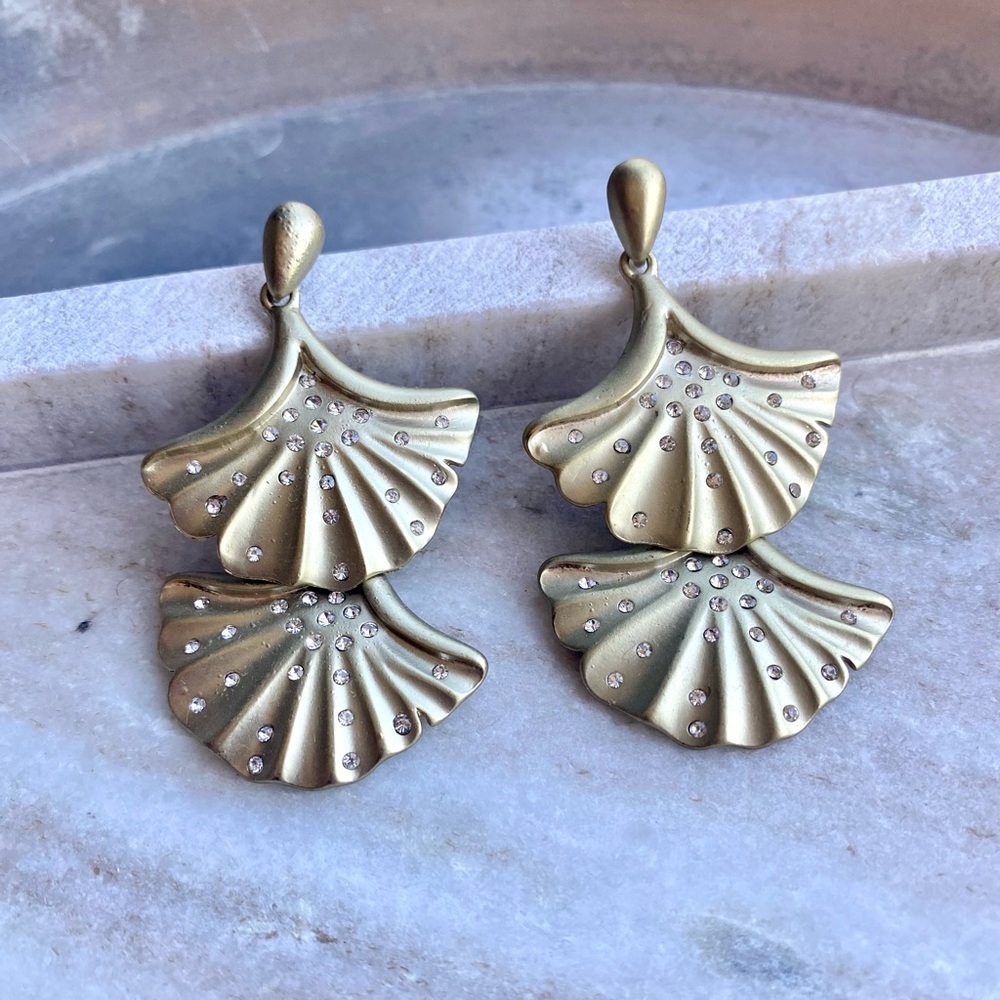 NEW Badgley Mischka Large Gold Fan Statement Rhinestone Earrings New Years Eve